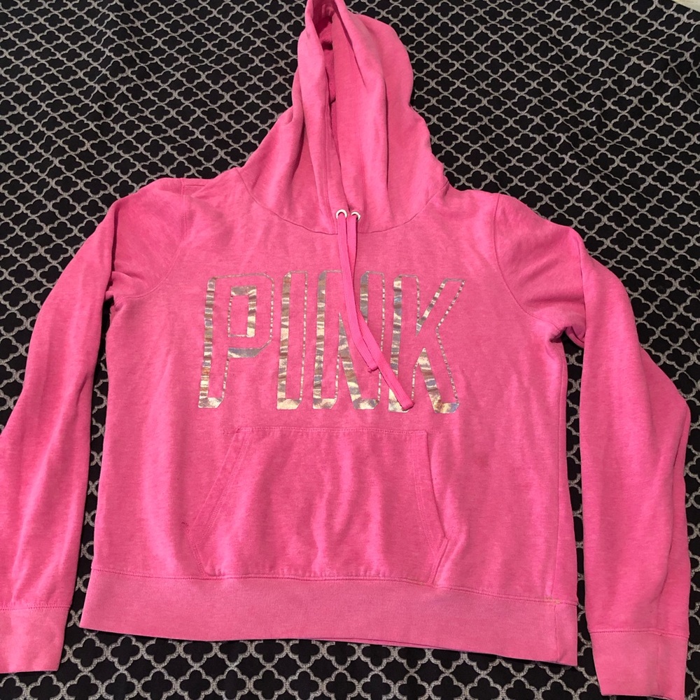 Pink Victoria's Secret Hoodie Womens LARGE Logo Pullover Graphic Spell Out L2